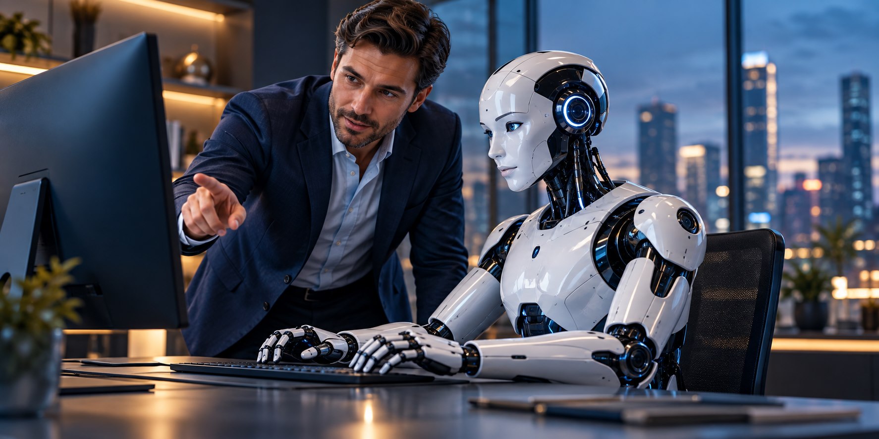 Una persona explica una tarea a un robot que trabaja en una computadora