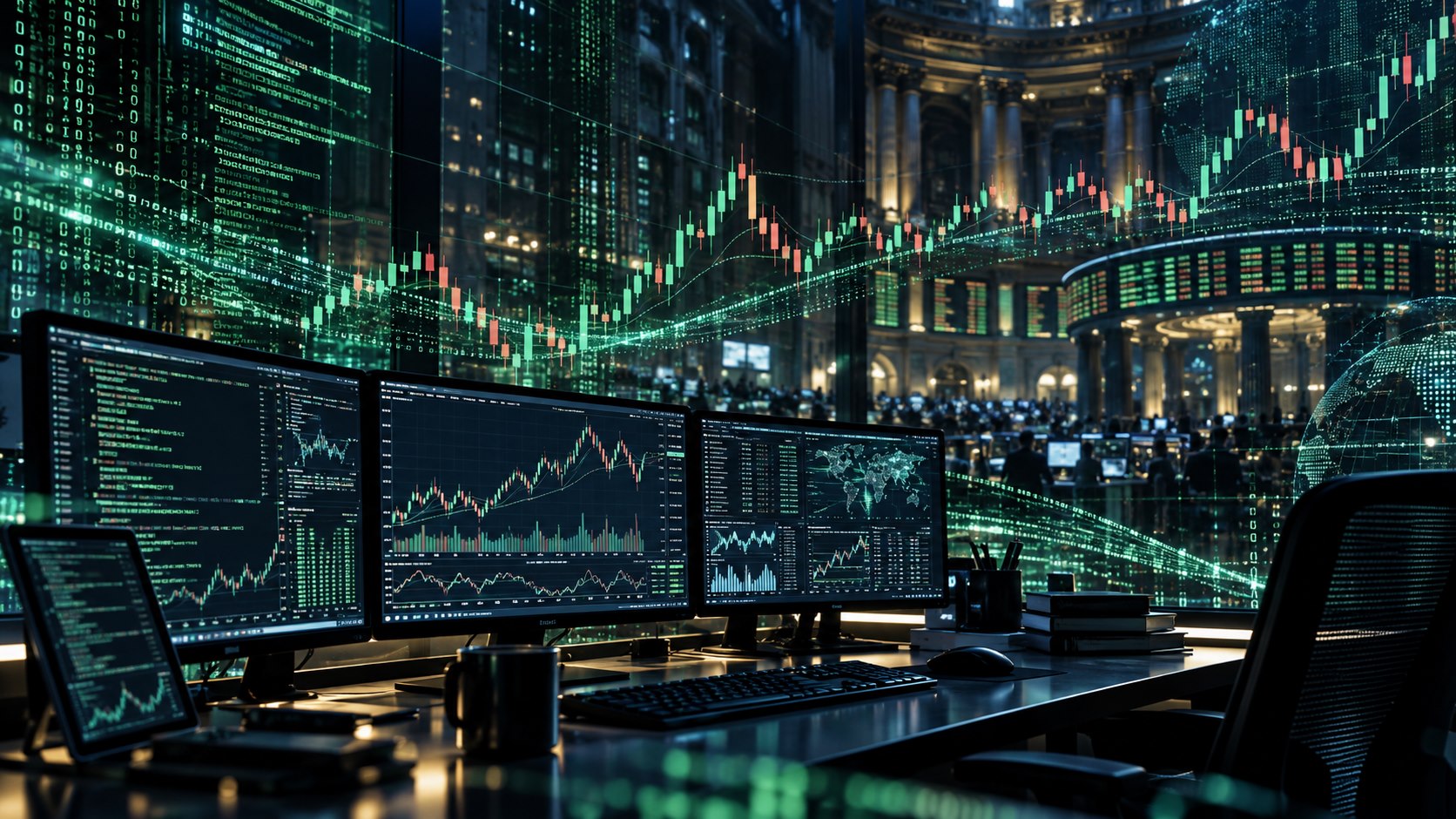 Programas de trading algorítmico con datos, velas japonesas y una bolsa de valores al fondo