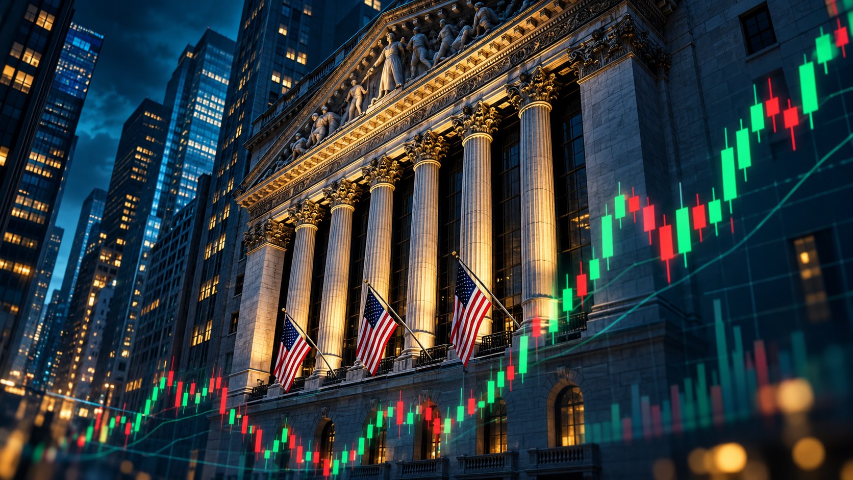 Bolsa de Nueva York con velas japonesas verdes y rojas